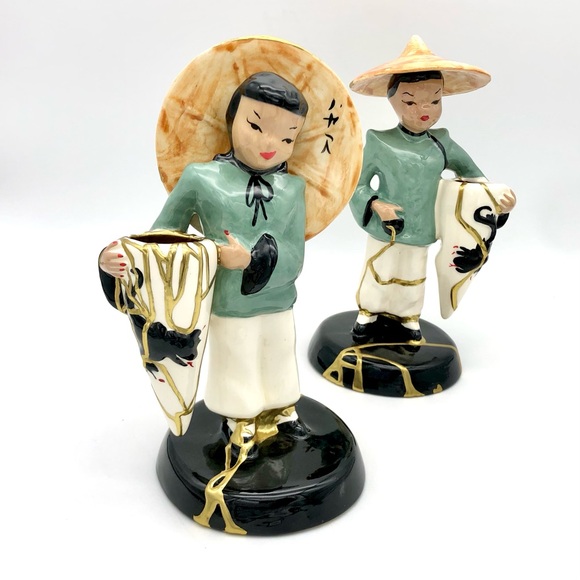 Vilas Asian Statuette Pair Kintsugi Repaired Gold Crack Art Growth Gift MCM - Picture 5 of 16